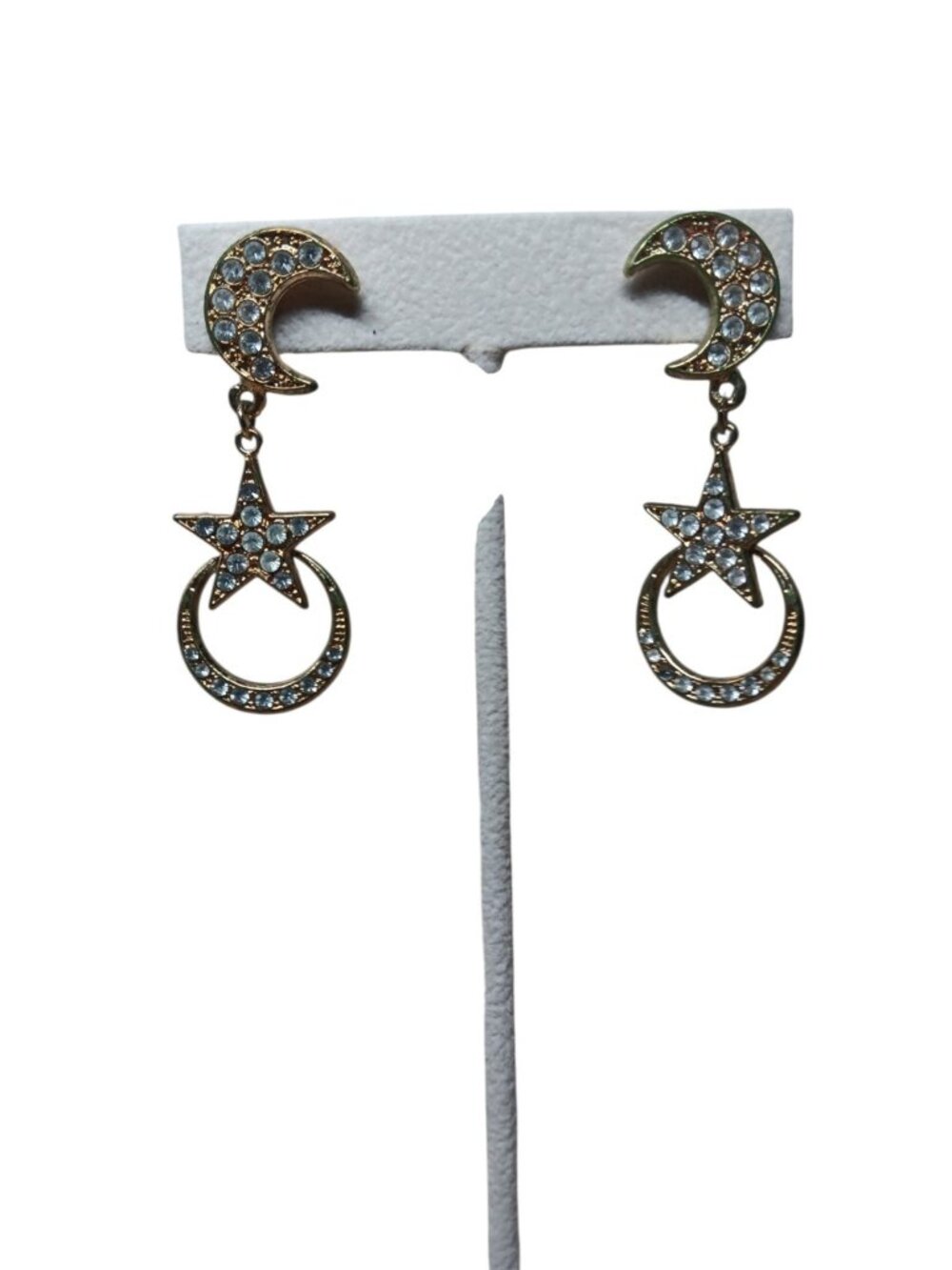 Celestial Moon and Stars Earrings Gold Tone Clear Rhinestones (Missing one)